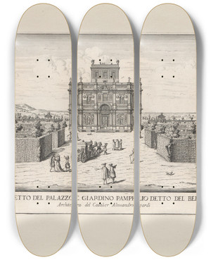 Triptych art skateboard deck of Giovanni Battista Falda Li Giardini Di Roma Con Le Loro Piante Alzate E Vedvte In Prospettiva Pl18 by Giovanni Battista Falda (1643-1678)
