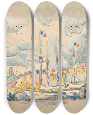 Triptych art skateboard deck of Paul Signac Marseille Le Quai by Paul Signac (1863-1935)