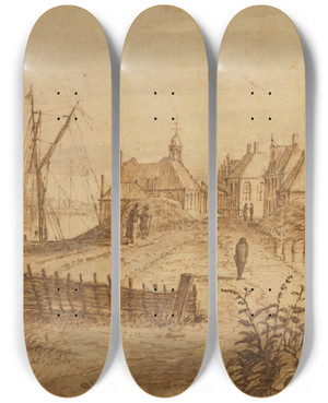 Triptych art skateboard deck of Abraham Rutgers View Of Part Of The City Of Amsterdam by Abraham Rutgers (1632-1699)