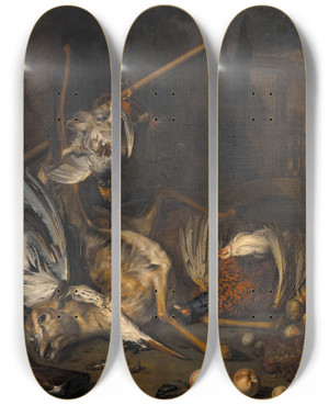 Triptych art skateboard deck of Dirk Valkenburg Game And Fruit by Dirk Valkenburg (1675-1721)