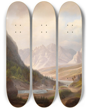 Triptych art skateboard deck of Anton Schiffer Wanderer Im Gebirgstal by Anton Schiffer (1811-1876)