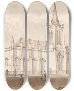 Triptych art skateboard deck of Michel Jean Cazabon Trinity Church by Michel Jean Cazabon (1813-1888)