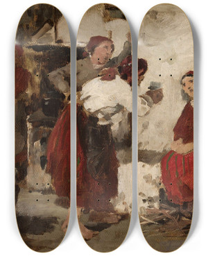 Triptych art skateboard deck of Zdzisaw Jasiski In A Cottage by Zdzislaw Jasinski (1863-1932)