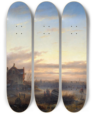 Triptych art skateboard deck of Charles Leickert Winter Op Het Ij Voor Amsterdam by Charles Leickert (1816-1907)
