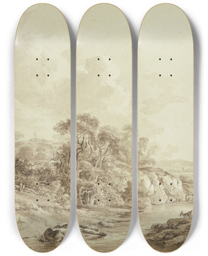 Triptych art skateboard deck of Johann Heinrich West Mittelgebirgslandschaft Mit Bach Rechts Viehherde by Johann Heinrich Wuest (1741-1821)