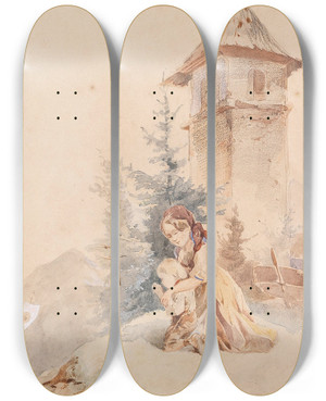 Triptych art skateboard deck of Joseph Heicke Betende Mutter Mit Kind by Joseph Heicke (1811-1861)