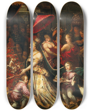 Triptych art skateboard deck of Stephan Kessler The Queen Of Sheba Before Solomon by Stephan Kessler (1622-1700)