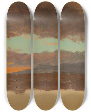 Triptych art skateboard deck of Frederic Edwin Church Sunset Over Hudson Valley by Frederic Edwin Church (1826-1900)