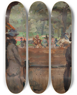 Triptych art skateboard deck of Isaac Israls A Busy Day At Rotten Row Hyde Park London by Isaac Israels (1865-1934)
