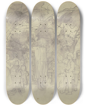 Triptych art skateboard deck of Jakob Becker Singende Kinder Mit Schullehrer Im Freien by Jakob Becker (1810-1872)