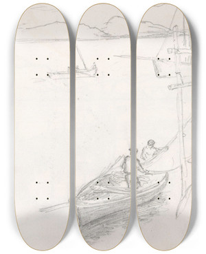 Triptych art skateboard deck of Hans Gude Fishing Boat By Shore Tarbert by Hans Gude (1825-1903)