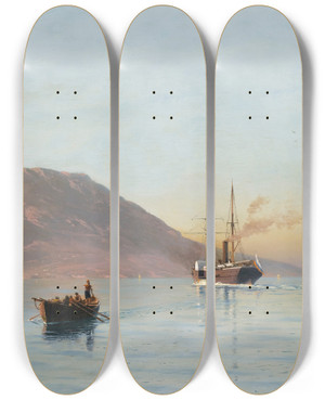 Triptych art skateboard deck of Lev Felixovich Lagorio The Bay Of Feodosia by Lev Felixovich Lagorio (1828-1905)
