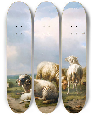 Triptych art skateboard deck of Eugne Joseph Verboeckhoven Sheep In A Landscape_1 by Eugene Joseph Verboeckhoven (1798-1881)