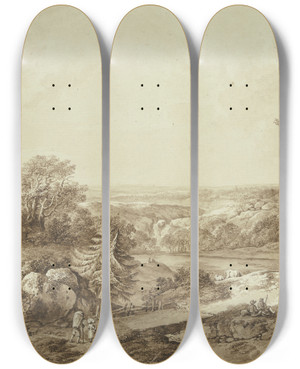 Triptych art skateboard deck of Johann Heinrich West Hgellandschaft Mit Ausblick In Weite Ferne Vorne Am Weg Rastende Hirten Mit Ihrer Herde Und Wandernde Bauern by Johann Heinrich Wuest (1741-1821)