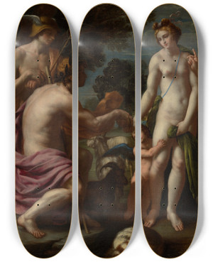Triptych art skateboard deck of Alessandro Turchi Judgment Of Paris by Alessandro Turchi (1578-1649)
