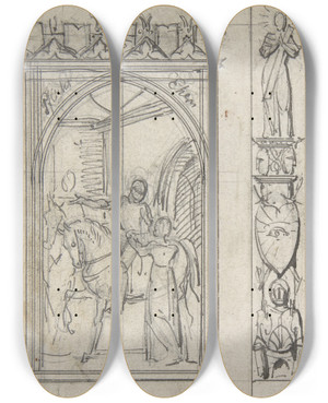 Triptych art skateboard deck of Carl Alexander Von Heideloff Studies For Two Book Illustrations by Carl Alexander Von Heideloff (1789-1865)