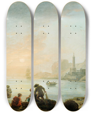 Triptych art skateboard deck of Claudejoseph Vernet Fishers At The Sunrise by Claude Joseph Vernet (1714-1789)