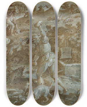 Triptych art skateboard deck of Jan Van Der Straet A Badger Hunt by Jan van der Straet (1523-1605)