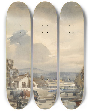 Triptych art skateboard deck of Norman Alfred William Lindsay Landscape Withcows by Norman Alfred William Lindsay (1879-1969)
