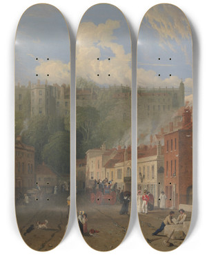 Triptych art skateboard deck of George Vincent A View Of Thames Street Windsor by George Vincent (1796-1832)