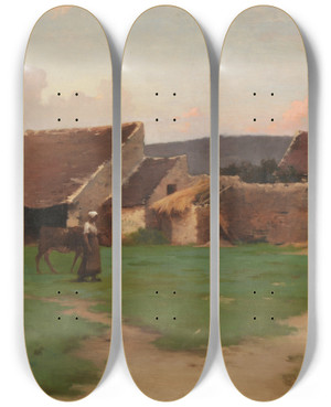 Triptych art skateboard deck of Henry Lerolle Une Cour De Ferme by Henry Lerolle (1848-1929)