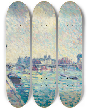 Triptych art skateboard deck of Maximilien Luce Paris La Seine Notredame Au Loin by Maximilien Luce (1858-1941)
