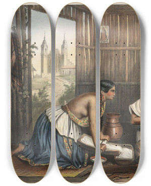 Triptych art skateboard deck of Julio Michaud Las Tortilleras by Julio Michaud (1830-1869)