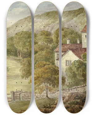 Triptych art skateboard deck of Elizabeth Murray Country Manor House by Elizabeth Murray (1815-1882)