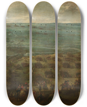 Triptych art skateboard deck of Peter Snayers Crossing The Somme In Crisy by Peter Snayers (1592-1667)
