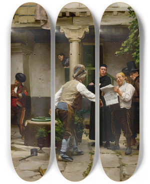 Triptych art skateboard deck of Jules Worms Breaking The News by Jules Worms (1832-1924)