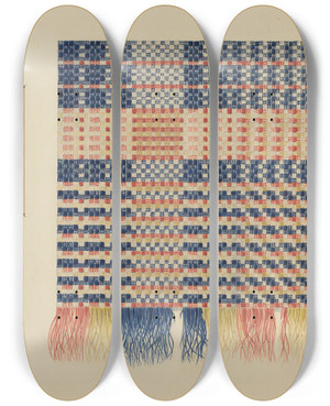 Triptych art skateboard deck of Ralph Russell Zoar Coverlet by Ralph Russell