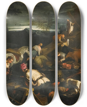 Triptych art skateboard deck of Follower Of Jacopo Da Ponte Noah Leading The Animals Onto The Ark by Follower of Jacopo da Ponte (1510-1592)