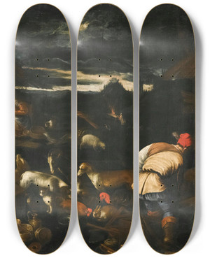 Triptych art skateboard deck of Follower Of Jacopo Da Ponte Noahs Sacrifice After The Flood by Follower of Jacopo da Ponte (1510-1592)