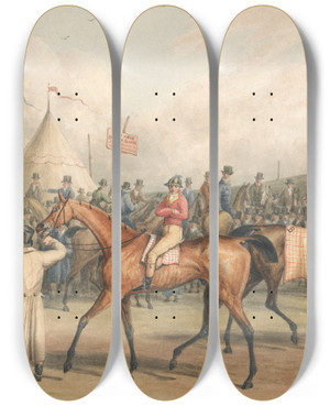 Triptych art skateboard deck of Charles Turner A Race Meeting Weighing In by Charles Turner (1773-1857)