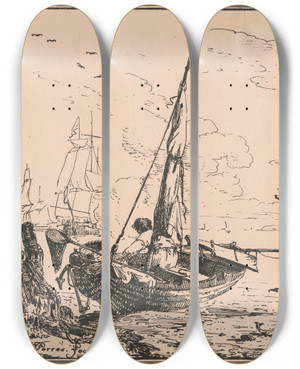 Triptych art skateboard deck of John Thomas Serres Harbour Scene by John Thomas Serres (1759-1825)