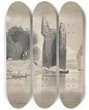 Triptych art skateboard deck of Miles Edmund Cotman The Devils Tower Norwich Oct 1841 by Miles Edmund Cotman (1810-1858)