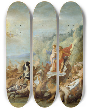 Triptych art skateboard deck of Abraham Van Diepenbeeck Neptune And Amphitrite by Abraham Van Diepenbeeck (1596-1675)