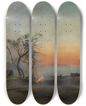 Triptych art skateboard deck of Alexei Kondratievich Savrasov Fishermen On The Volga by Alexei Kondratievich Savrasov (1830-1897)