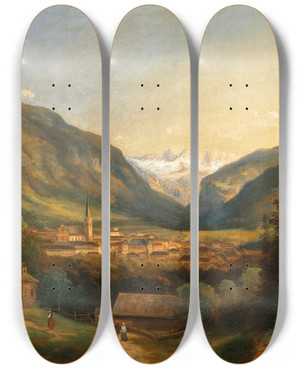 Triptych art skateboard deck of Ferdinand Lepie A View Of Bad Ischl by Ferdinand Lepie (1824-1883)
