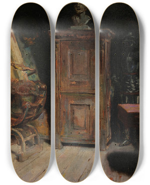 Triptych art skateboard deck of Henry Allan A Dutch Interior by Henry Allan (1865-1912)