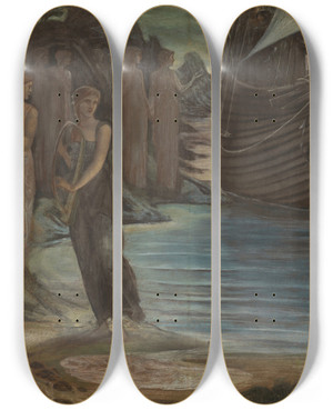 Triptych art skateboard deck of Sir Edward Coley Burnejones The Sirens Composition Study by Sir Edward Coley Burne-Jones (1833-1898)