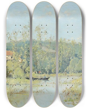 Triptych art skateboard deck of Victor Violletleduc A Punt On The River by Victor Viollet-le-duc (1848-1901)