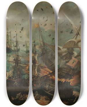 Triptych art skateboard deck of Cornelis Claesz Van Wieringen Battle Of Gibraltar In 1607 by Cornelis Claesz. van Wieringen (1577-1633)