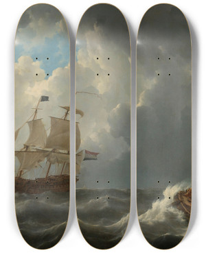 Triptych art skateboard deck of Johannes Christiaan Schotel Ships In A Turbulent Sea by Johannes Christiaan Schotel (1787-1838)
