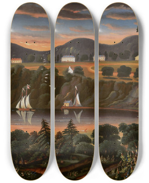 Triptych art skateboard deck of Thomas Chambers View Of Hudson River At West Point by Thomas Chambers (1808-1866)