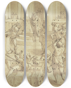 Triptych art skateboard deck of Luca Cambiaso Die Marter Des Heiligen Laurentius by Luca Cambiaso (1527-1585)