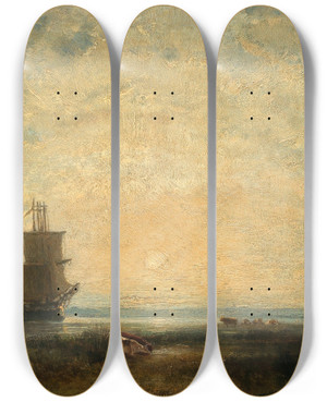 Triptych art skateboard deck of Flix Ziem Sailing Ships Caravels At Sunset Holland by Felix Ziem (1821-1911)