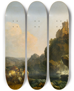 Triptych art skateboard deck of Philip James De Loutherbourg Landscape With Waterfall Castle And Peasants by Philip James De Loutherbourg (1740-1812)