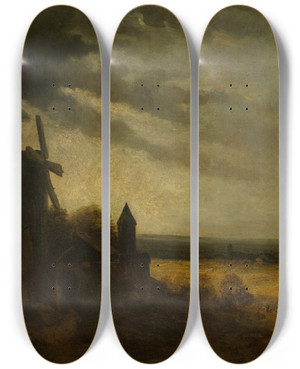 Triptych art skateboard deck of Georges Michel The Mill Of Montmartre by Georges Michel (1763-1843)