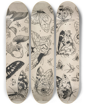 Triptych art skateboard deck of Flix Bracquemond Dinner Service Rousseau Service Butterflies And Fish No 16 by Felix Bracquemond (1833-1914)